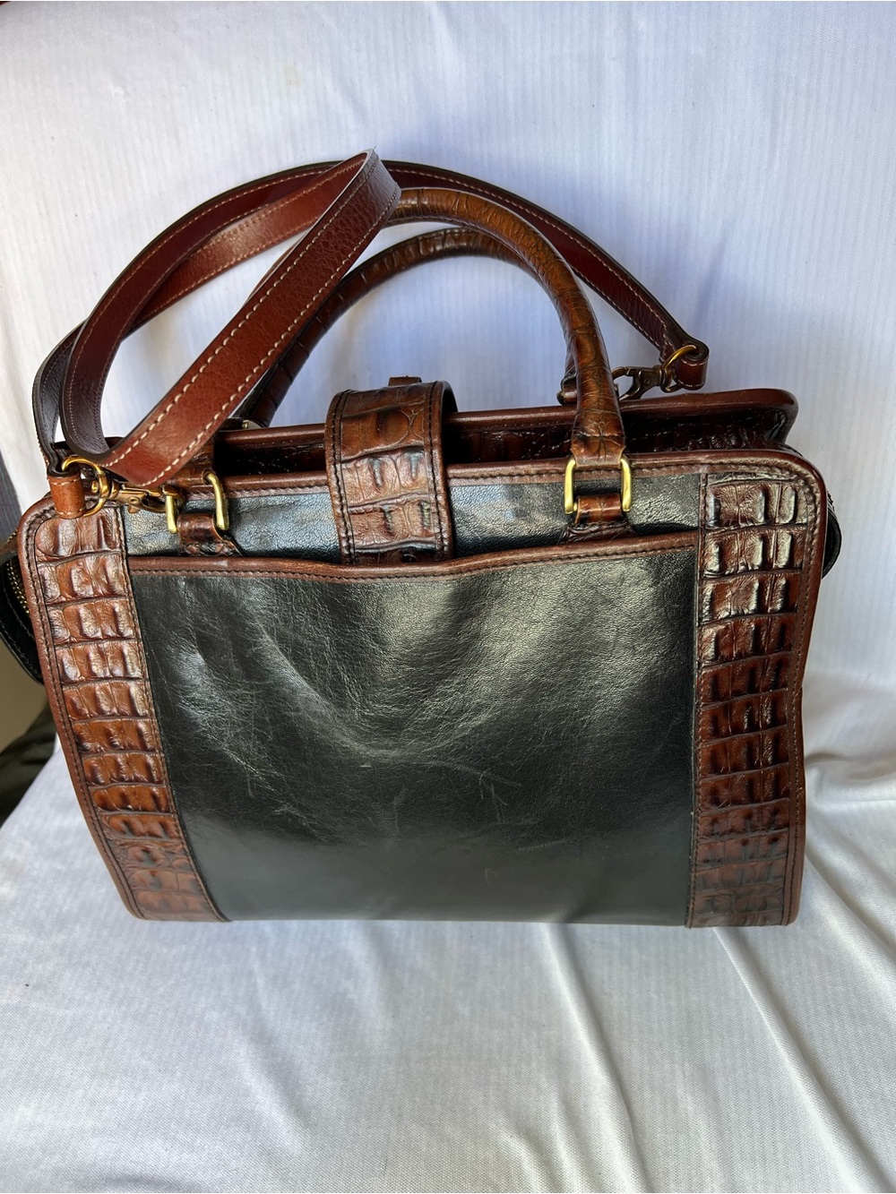 Vintage Brahmin Tuscan Addison Satchel Bag Black & Croc Leather (Excellent) - Picture 4 of 16